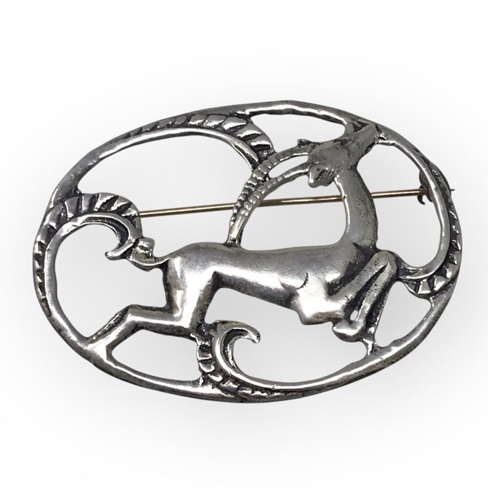 Vintage Sterling Silver Leaping Gazelle Brooch Pin Deer Art Nouveau Style